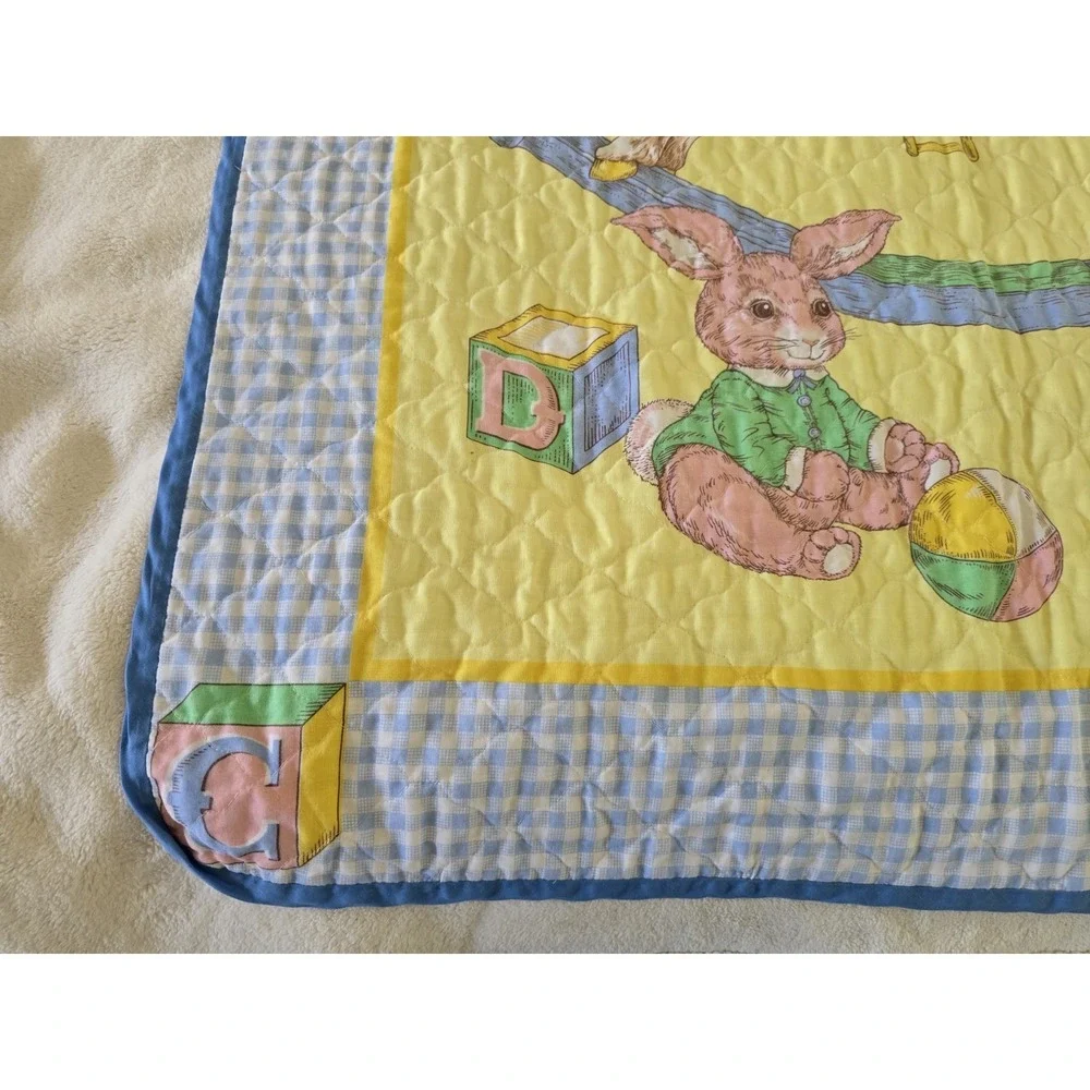 80s 90s Vintage Baby Quilt Top Teddy Bear Rocking Horse Gingham 43 X 34